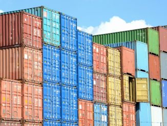blue red and yellow intermodal containers